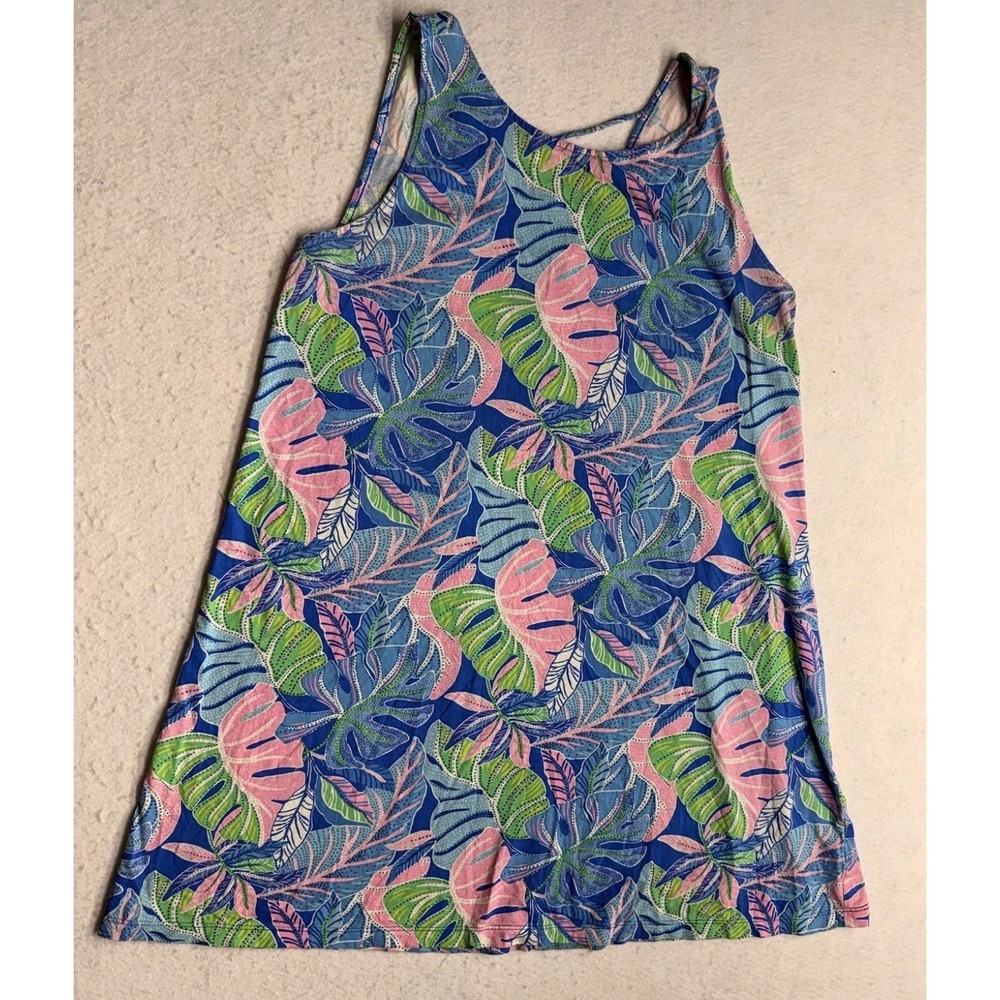 Lilly Pulitzer Blue Tropical Monstera Leaf Pima Cotton Strappy Back Dress Large